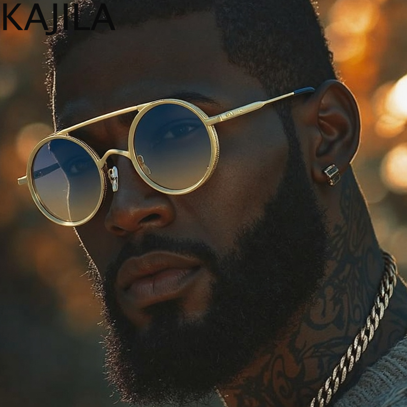 Petit Rond Steampunk lunettes de Soleil Hommes 2025 De Luxe Marque Vintage En Métal Cadre Punk Lunettes de Soleil pour Mâle Double Faisceau Nuances UV400