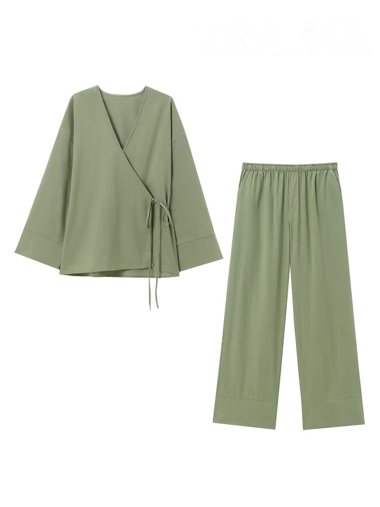 HH – ensemble 2 pièces pour femmes, Style Kimono, col en v, asymétrique, à lacets, chemisier ample et décontracté, haut + poche latérale, taille élastique, pantalon à jambes larges