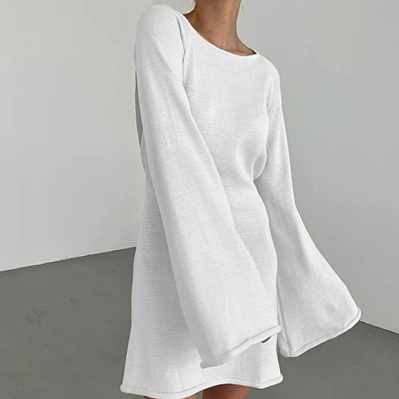 Nouveau sexy dos nu col rond cache-up couleur unie tricot maillots de bain élégant corne manches plage costume femme vacances robe portefeuille