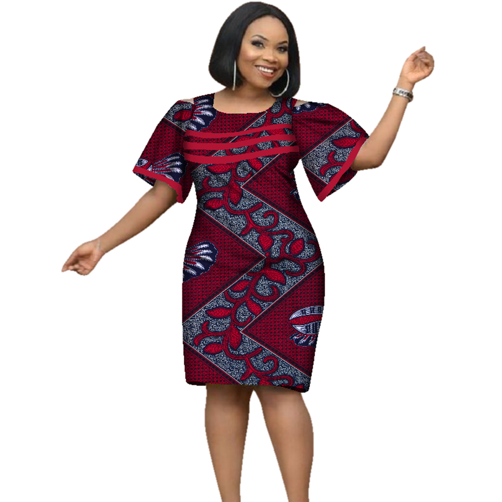 Robes africaines en coton pour femmes, imprimé Dashiki, manches courtes, col rond, robe crayon de bureau, WY2353