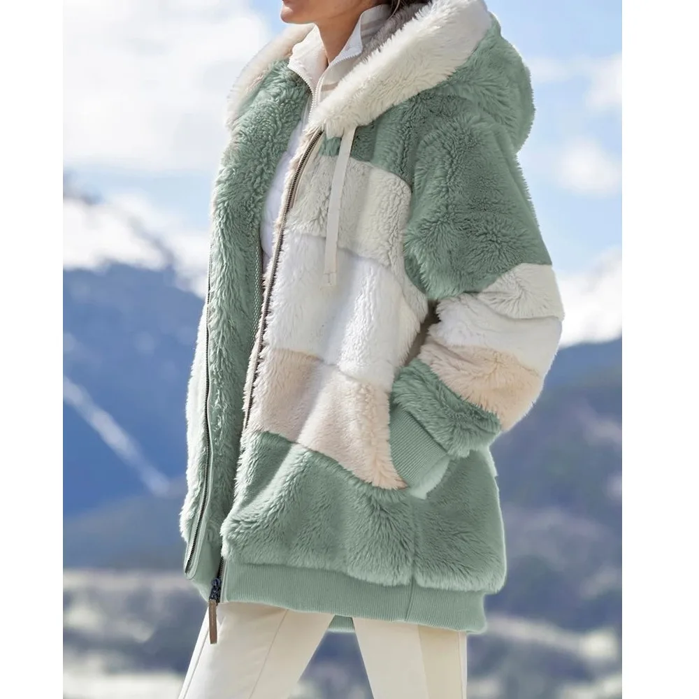Manteau d'hiver tendance pour femme 2026 – Veste à capuche zippée pour femme, épaisse en cachemire, avec empiècements et motifs écossais