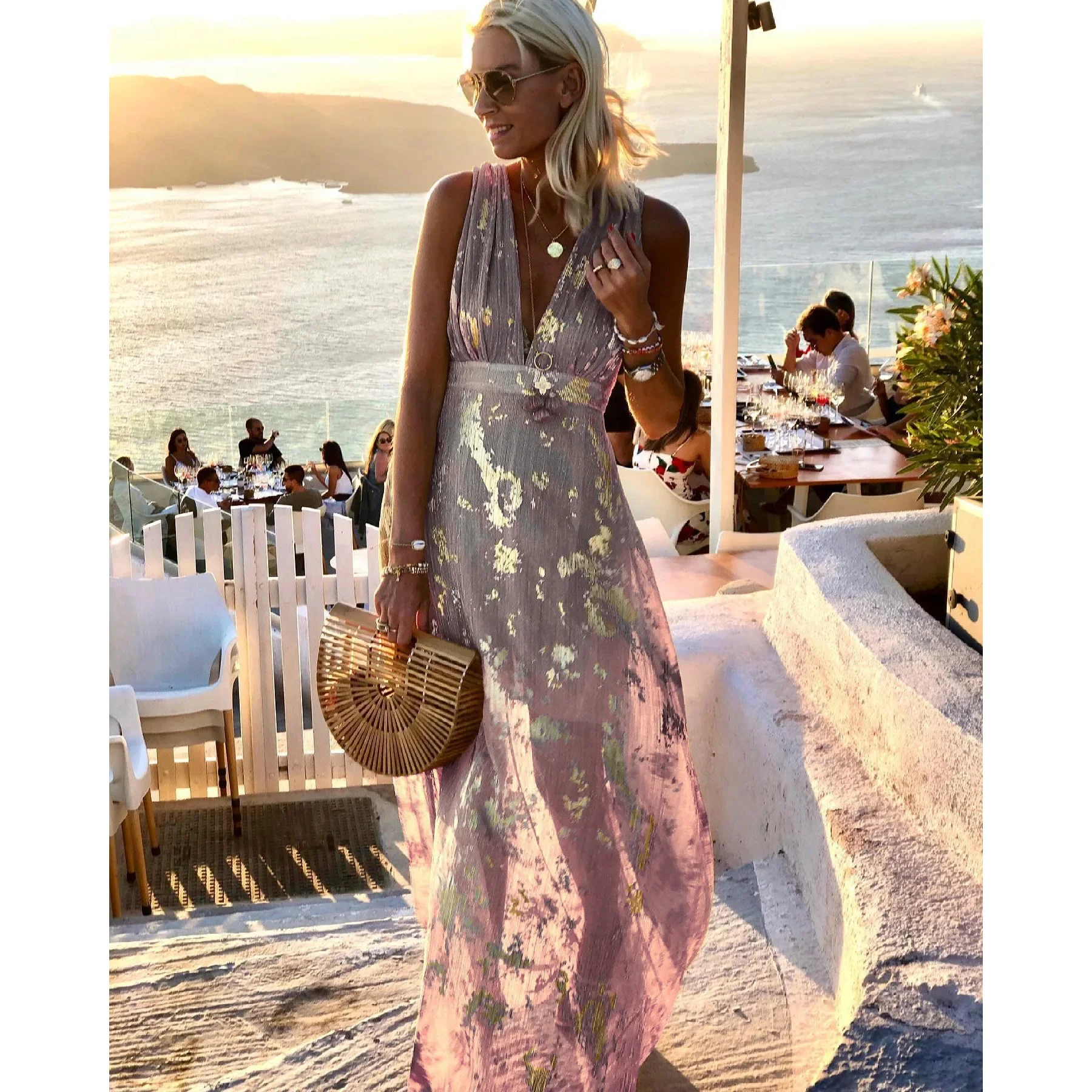 Robe sexy à col en V pour femmes, taille S-XL, estampage à chaud, pour printemps et été européens et américains, fête de vacances décontractée, nouvelle collection