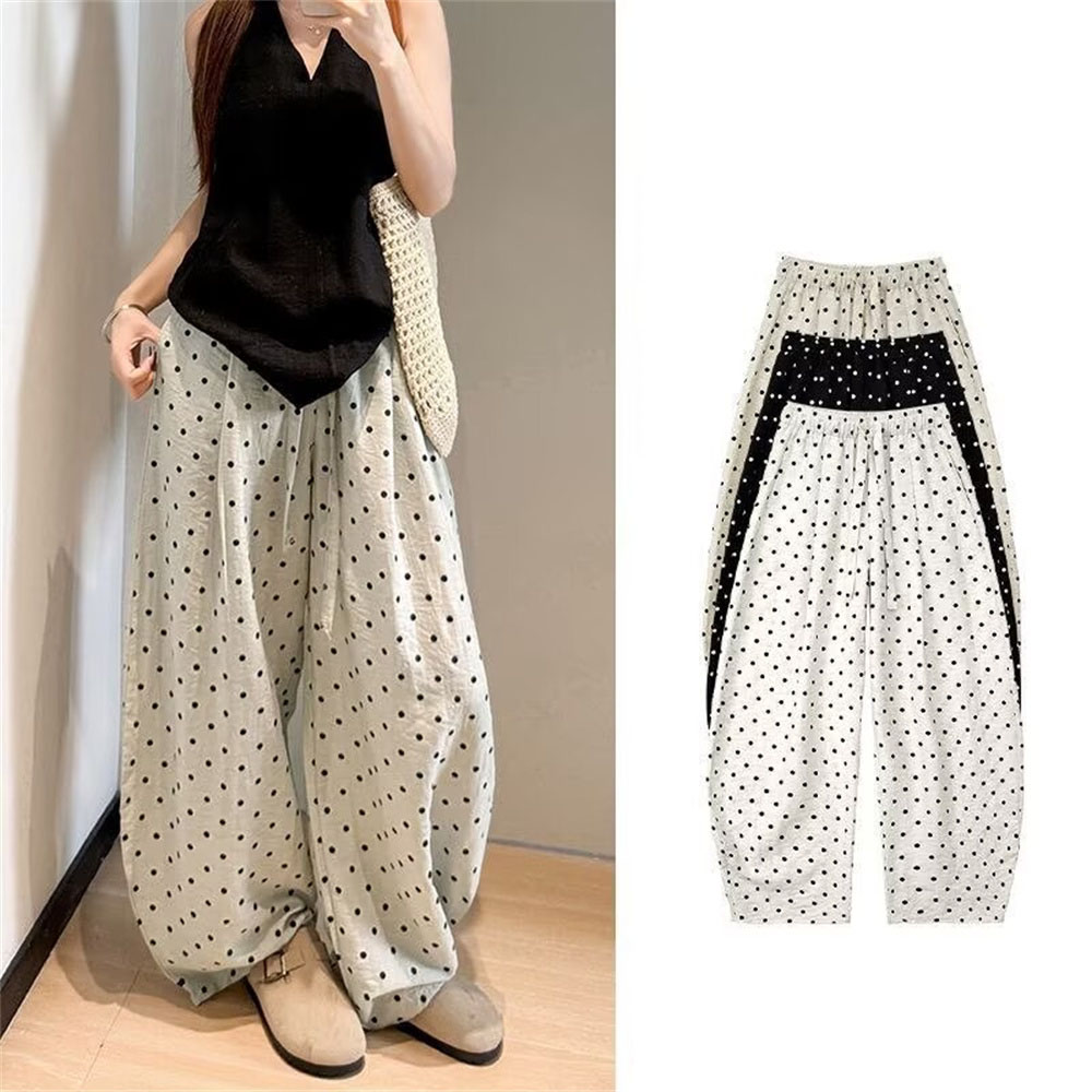 Pantalon large en lin à pois pour femme, style coréen, taille haute, coupe décontractée et droite, idéal pour l'été
