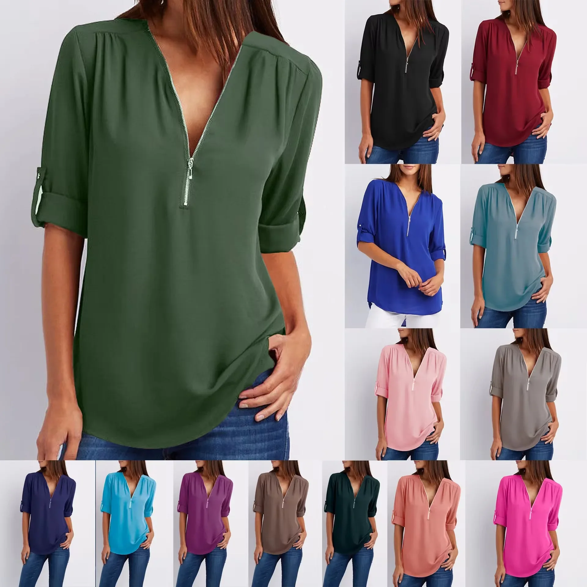 2025 offre spéciale femmes Cool chemise ample col en V profond en mousseline de soie mode Blouse décontracté dames hauts Sexy pull à fermeture éclair grande taille