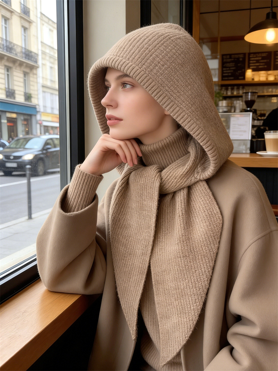 Chapeau Skullies tricoté côtelé pour femmes avec écharpe, écharpe à capuche élégante de couleur unie pour l'hiver, le printemps et l'automne