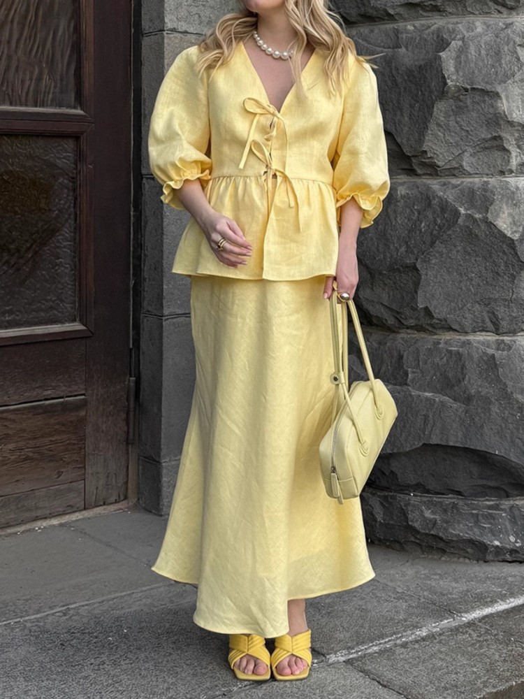 Ensemble jupe femme taille haute jupe longue costume femme col en v manches bouffantes a-ligne jupe longue 2 pièces ensembles 2025 tenue de dame d'été