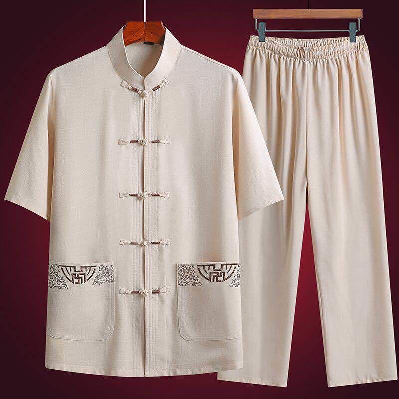 Ensemble de vêtements traditionnels chinois pour hommes, uniformes de chapelle Tai, uniformes de Kung Fu, lin, manches courtes, broderie, olympiques chinois décontractés