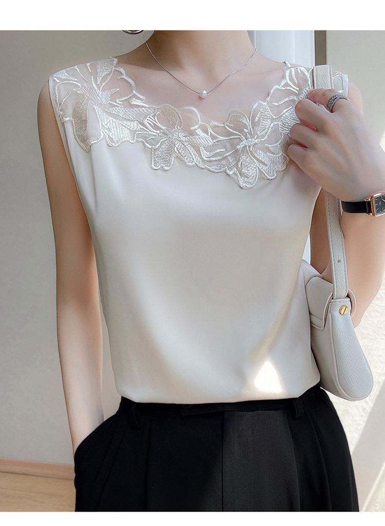 Camisole en dentelle respirante en soie, costume ample en Satin, haut sans manches sans col, gilet d'épissure