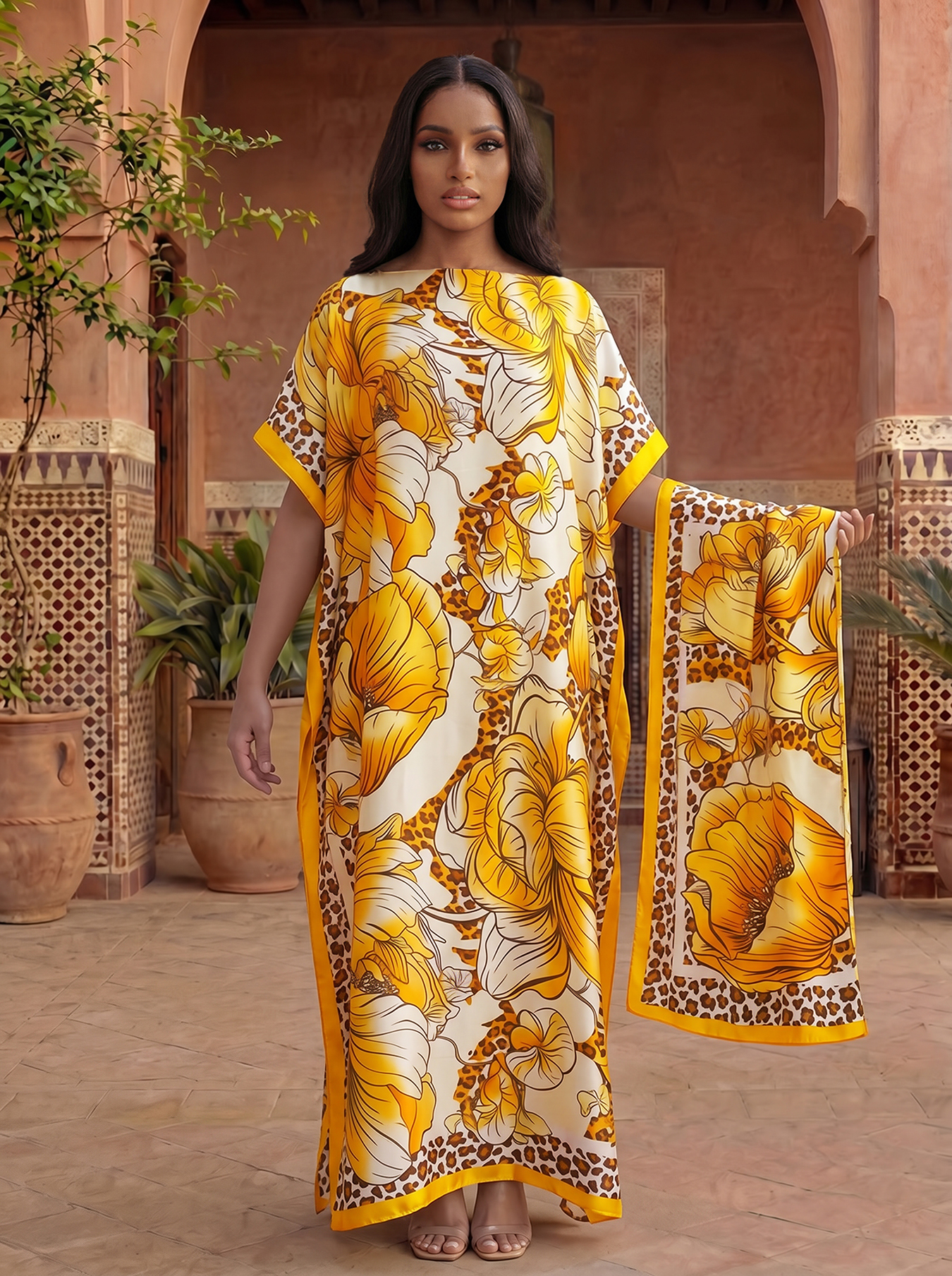Abaya en satin à imprimé floral léopard avec foulard, kaftan maxi ample pour femmes musulmanes, tenue de plage estivale
