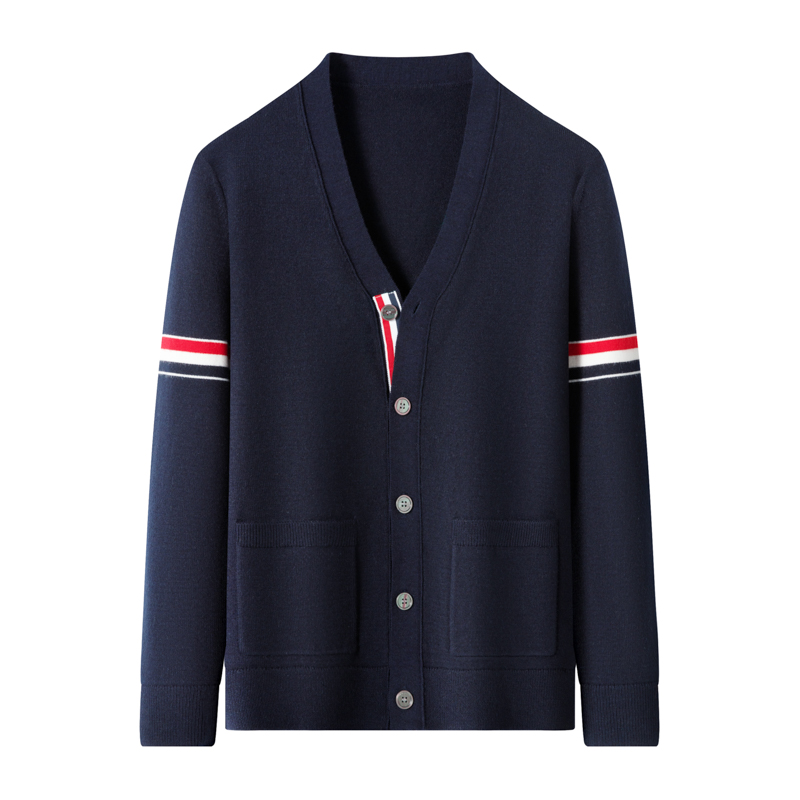 Haut de gamme marque tricot cardigan hommes printemps automne nouveau classique collage rayures tendance Pocket Design luxe coréen Casual pull manteau