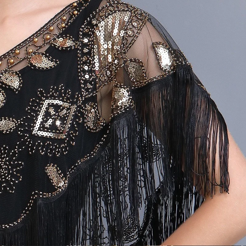 Châle à paillettes pour femme style années 20 avec franges perlées, en maille transparente, boléro Gatsby, cape de soirée
