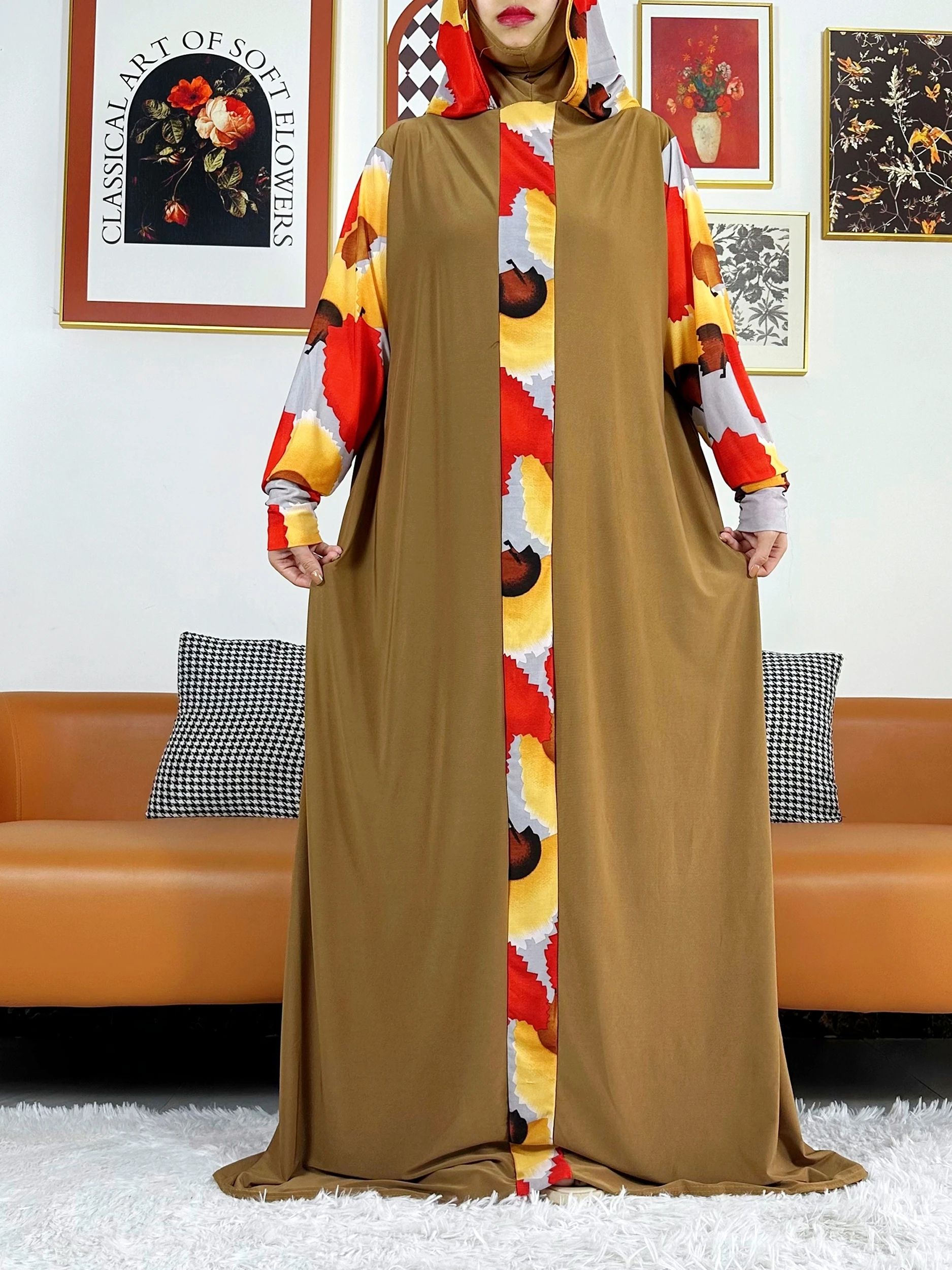 Abaya musulmane unie 2026 pour femme, tenue de prière du Ramadan avec chapeau intégré, robe ample florale, style Dubaï, Turquie, Moyen-Orient