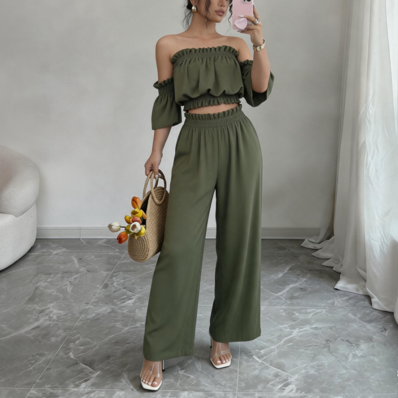 Ensemble 2 pièces pour femme : Haut court à volants épaules dénudées et pantalon large – Tenue décontractée pour l'été, les vacances, les soirées ou comme survêtement de détente