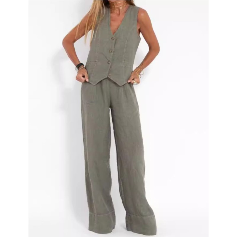 Ensemble 2 pièces en coton et lin pour femmes, couleur unie, gilet à la mode, hauts et pantalons longs, costume Patchwork, tenues décontractées, nouvelle collection été 2025