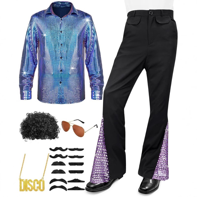 Costume d'halloween Hippie des années 60 et 70, pantalon à paillettes, chemise, hauts, bas de cloche, pantalon évasé pour hommes, tenue brillante de danse Disco pour chanteur