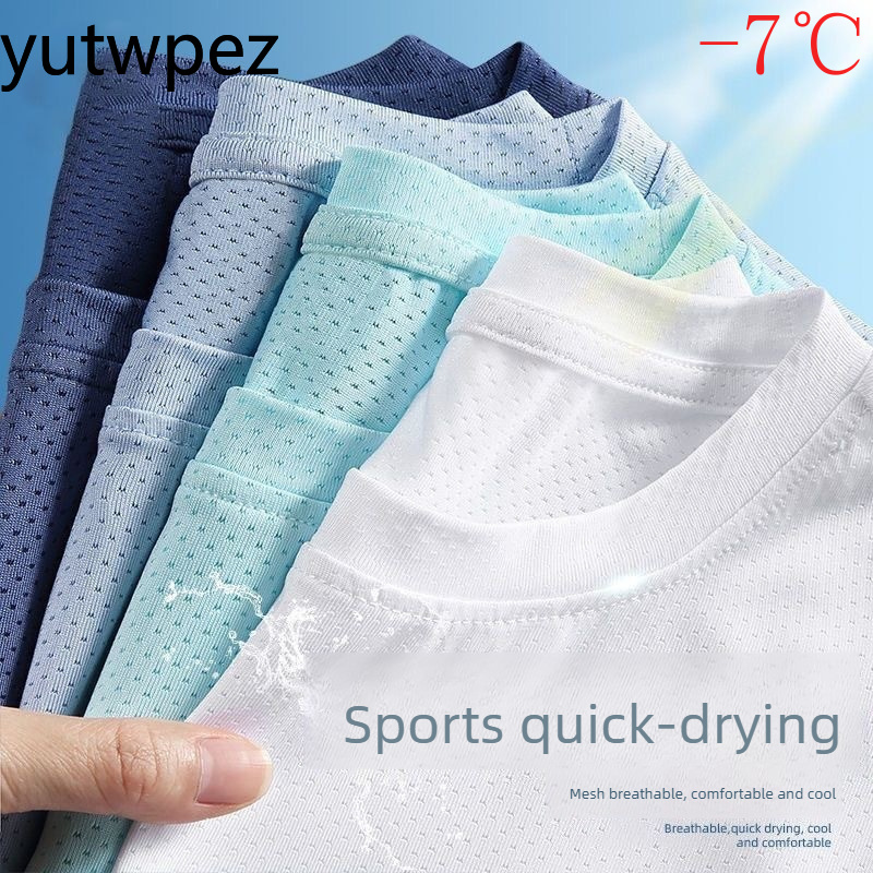 T-shirt Homme en Soie Glacée à Manches Courtes Col Rond Respirant Fin Sport Course Séchage Rapide Doux Élastique Extérieur 5XL Été