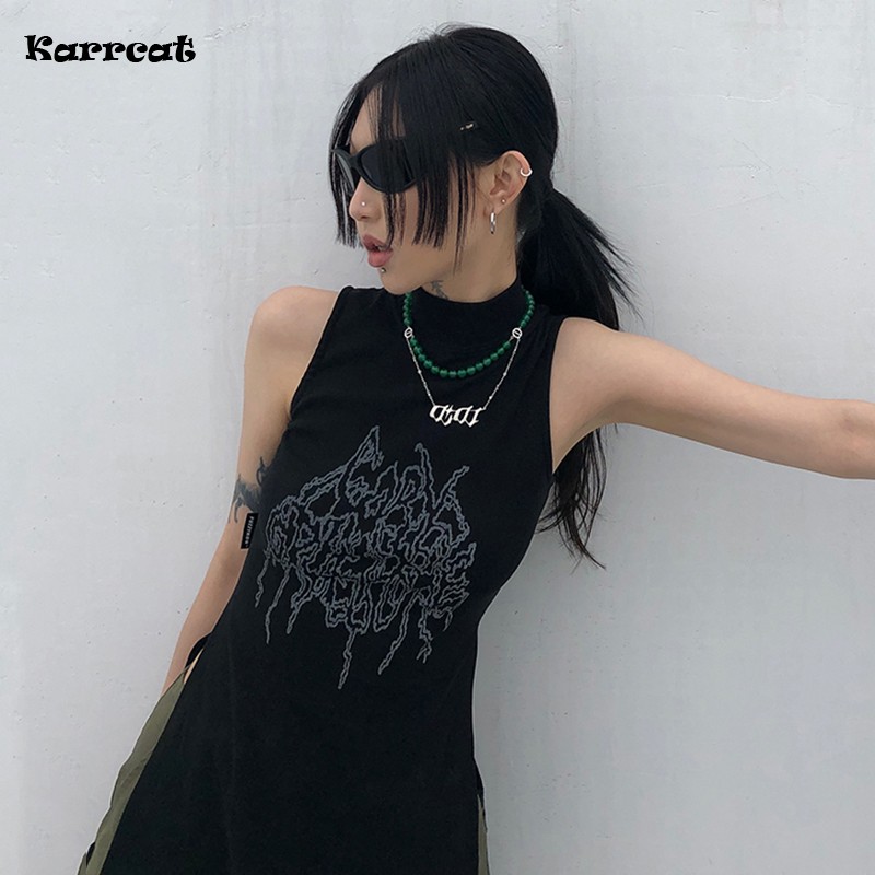 Karrcat Yamamoto Style débardeur noir Grunge gothique col roulé hauts Cyber Y2k Chic vêtements de créateur foncé esthétique Streetwear