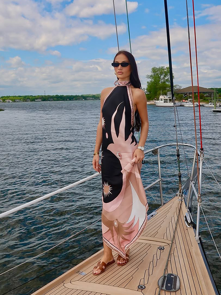 Robe midi élégante en satin imprimé pour femme, dos nu, en soie, coupe asymétrique, pour soirée, voyage d'été, tenue de plage 2026