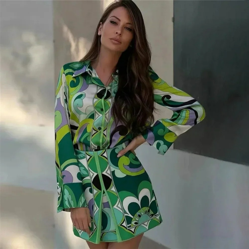 Ensemble jupe d'été pour femmes, hauts à la mode, manches longues, imprimé plante, chemise à fleurs, taille haute, jupe trapèze, style Boho, ensembles de plage, jupe Y2k