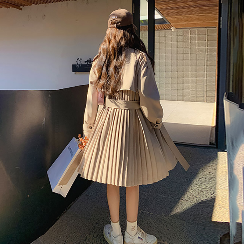 DEAT mode kaki dos plissé patchwork Trench manteau femmes revers ample Double boutonnage ceintures coupe-vent nouveau 7AB8900