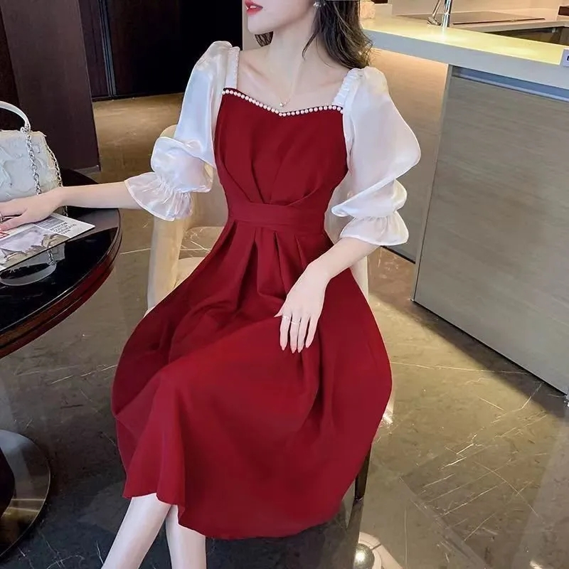 Robe Éducative à Manches Courtes et Col Carré pour Femme, Jupe Fine, Version Coréenne, Printemps Été 2024