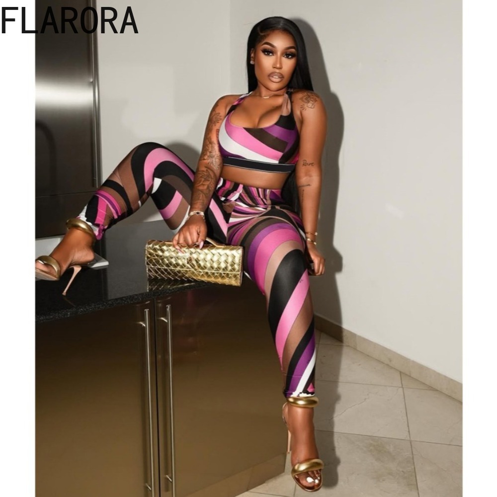 FLARORA – ensemble 2 pièces imprimé coloré pour femme, débardeur court à encolure carrée et pantalon slim, tenue de soirée de minuit, Clubwear