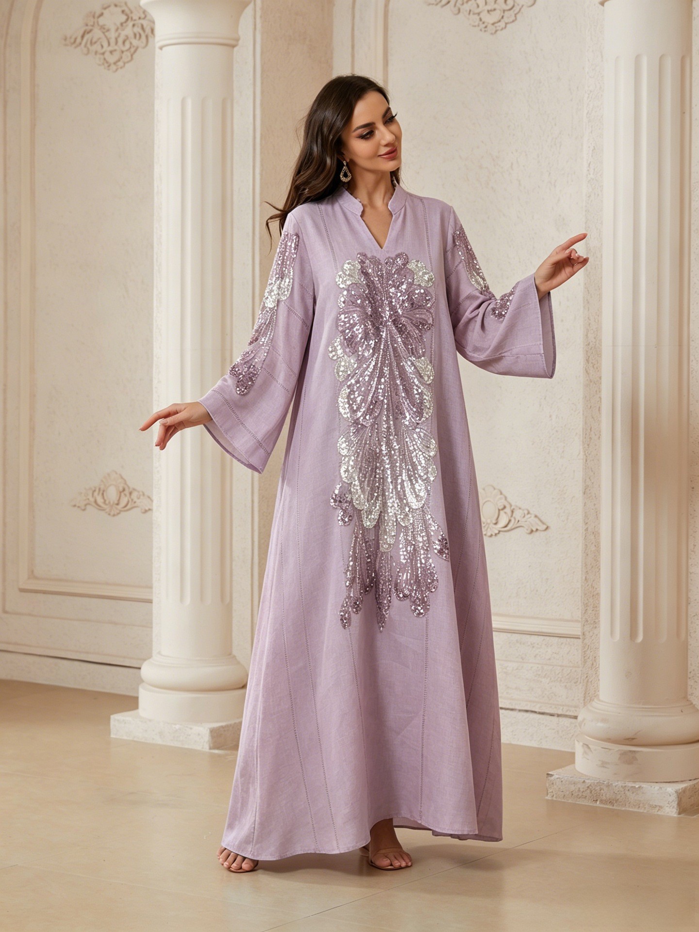 Robe de soirée élégante pour femmes musulmanes du Moyen-Orient, style Ramadan, ornée de perles, col en V, coupe ample et amincissante, luxe léger.