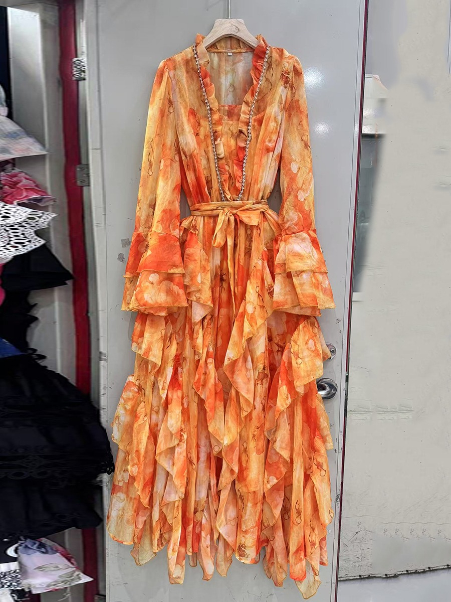 VGH – robe de soirée amincissante pour femmes, imprimé coloré, col en V, manches à volants, taille haute, Patchwork, robes à lacets, vêtements féminins