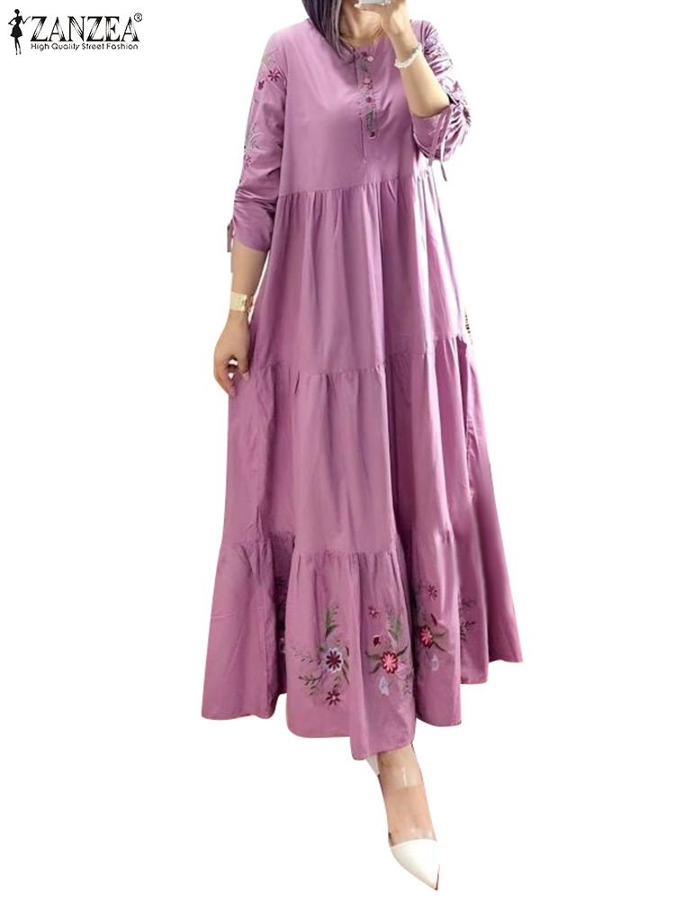Robe Abaya musulmane à imprimé floral pour femmes modestes, manches 3/4, maxi robe, robe femme ZANZEA, robe d'été élégante, kaftan ample