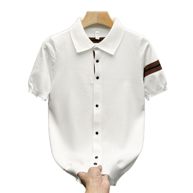 T-shirt d'été décontracté et polyvalent à col polo en maille, manches courtes, style mature, léger, en soie fraîche, pour étudiants