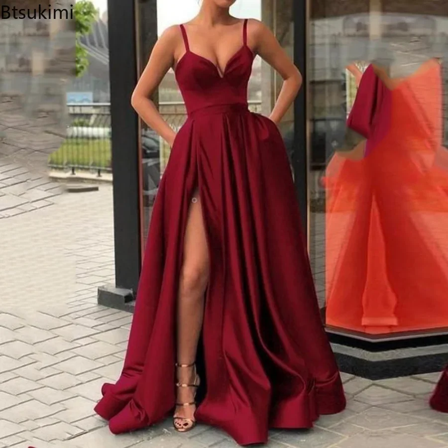 Robe longue de soirée élégante pour femme 2026, fendue sur le côté, en satin, sans manches, à bretelles, coupe trapèze, sexy, pour mariage et banquet