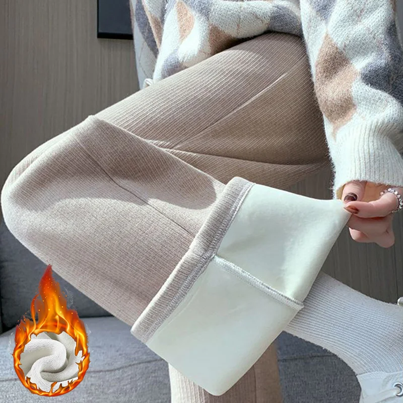 Hiver filles neige chaud taille haute pantalons thermiques femmes mode jambe droite en peluche pantalon dame mince polaire pantalon quotidien