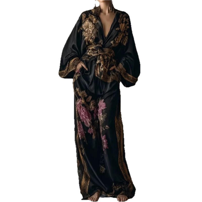 Ensemble deux pièces pour femme Printemps-Été 2026, imprimé vintage, haut en dentelle ample à décolleté plongeant sexy et pantalon décontracté à jambes larges