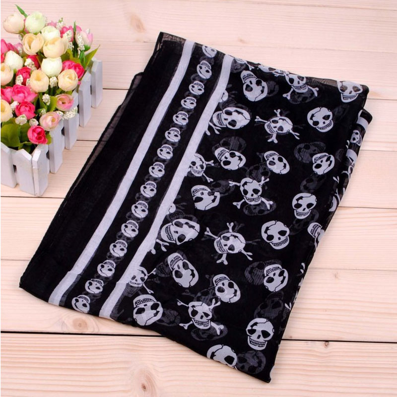 Foulard en Chiffon Georgette Imprimé Crâne pour Femme 150*50cm, Écharpe Bandana Élégante, Longue Étole, Hijab, Protection Solaire Estivale, Foulards de Plage