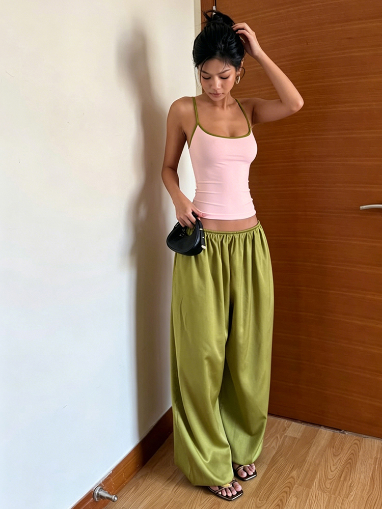 Nouvel ensemble 2 pièces sexy et chic pour femme : Camisole moulante à col bas et dos nu avec blocs de couleur tendance + Pantalon droit – Tenue décontractée et mode