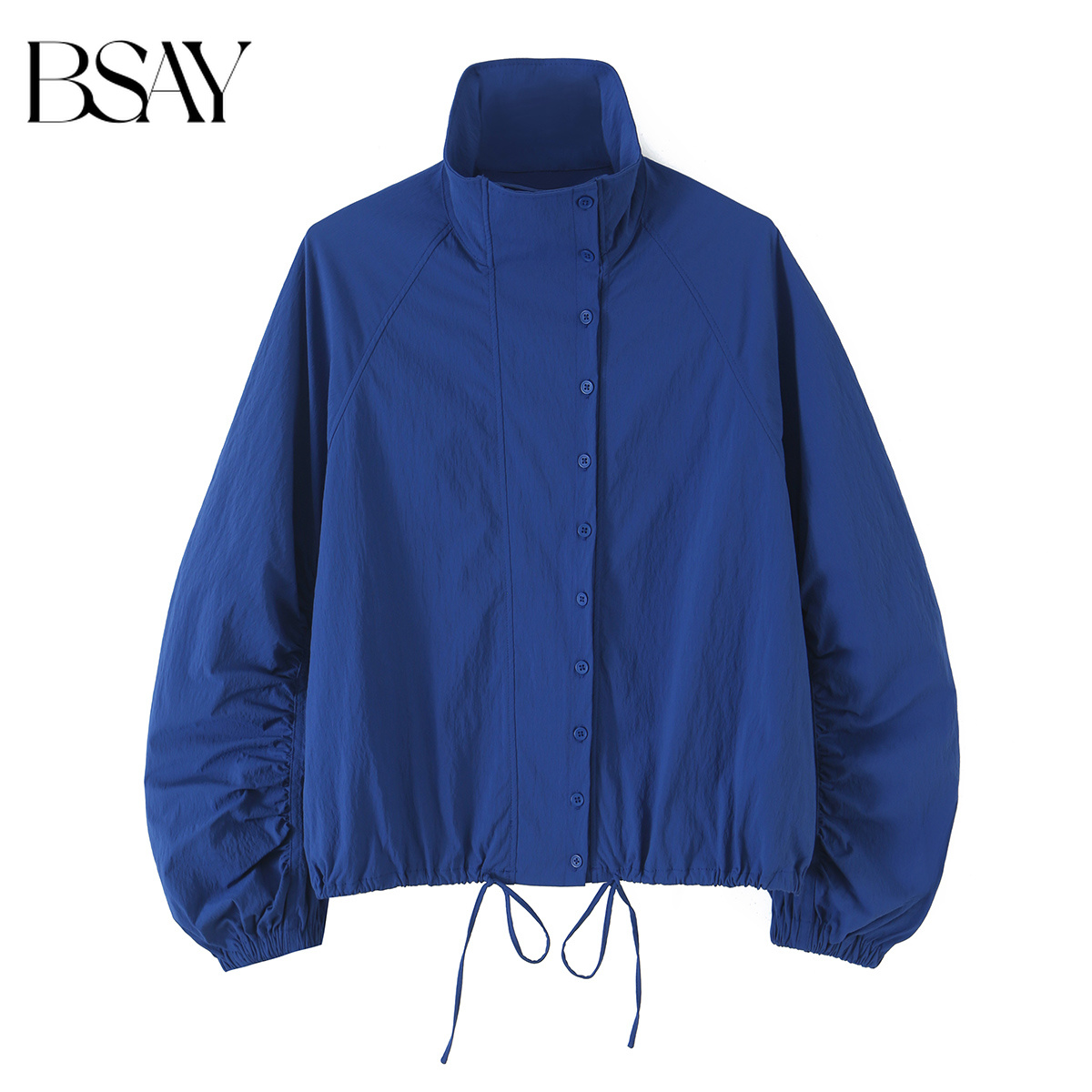 BSAY Nouvelle Veste Courte Décontractée pour Femme, Style Bureau, Boutonnée, Col Montant, Manches Froncées, Ourlet à Cordon de Serrage, Coupe Ample, Manteau Quotidien