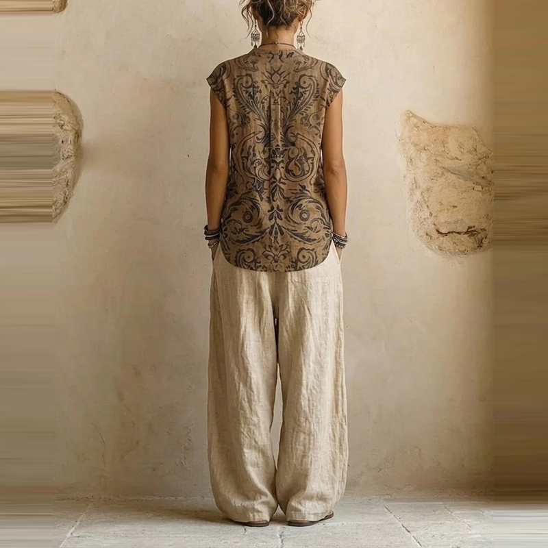 Ensemble 3 pièces pour femme en coton et lin, imprimé tendance, coupe ample, avec haut sans manches sexy à col en V, pantalon long et cardigan