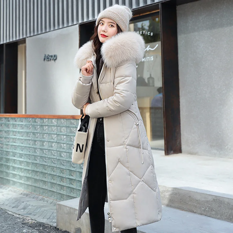 Nouvelle Veste d'Hiver Femme 2026 Mi-longue Tendance Slim Col Fourrure Épaisse en Coton Manteau Élégant Gris Parka Vêtements Femme