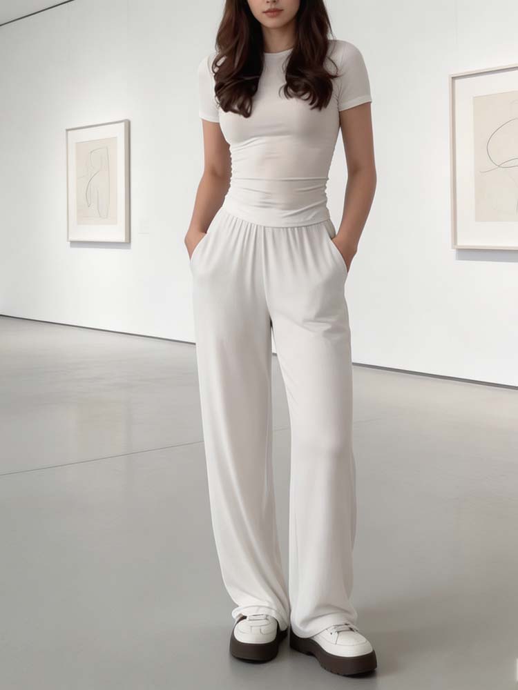 Ensemble décontracté pour femmes, t-shirt à col rond à manches courtes avec pantalon, ensemble de vêtements de maison pour femmes en couleur unie pour le printemps et l'été