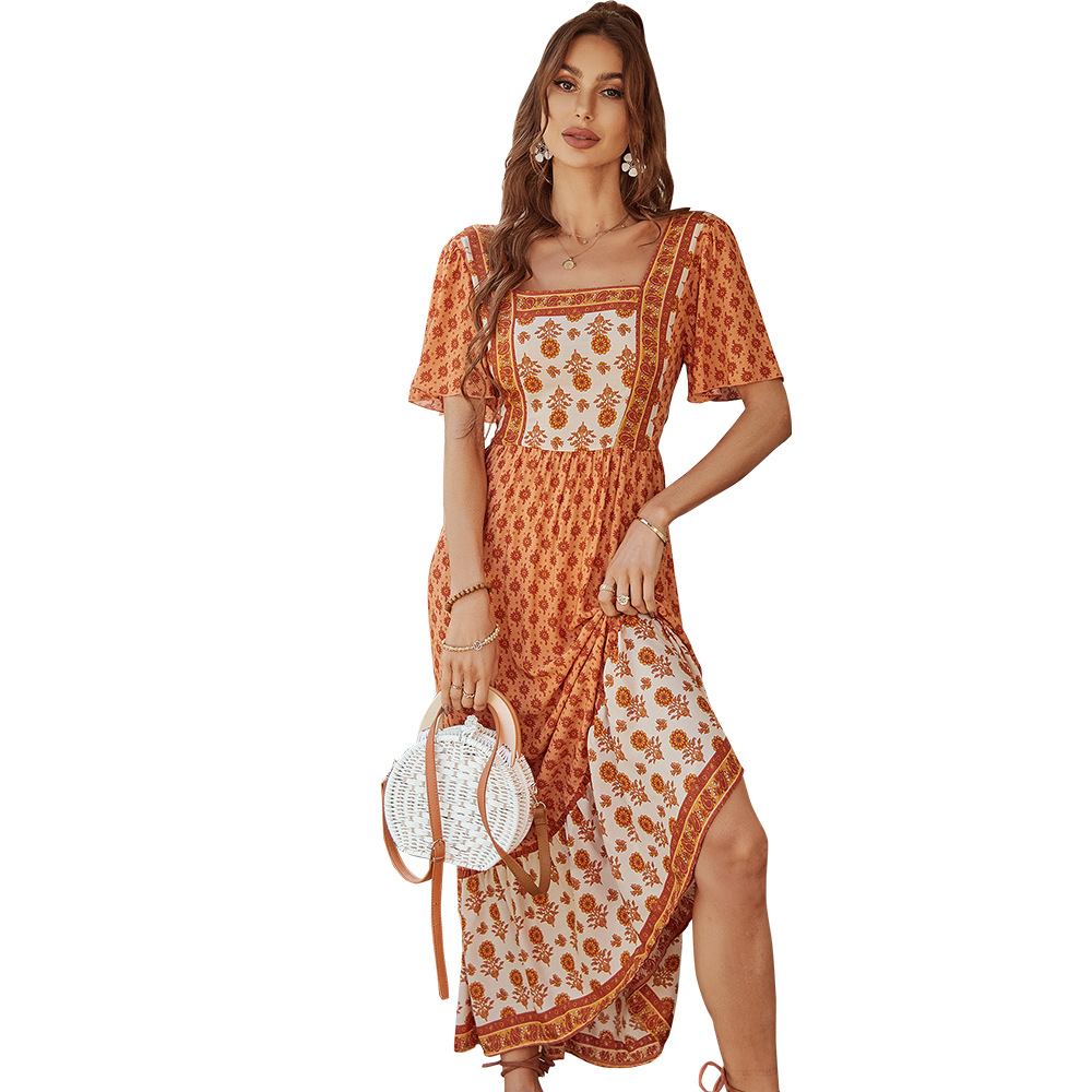 Robe élégante en coton imprimé pour femmes, jupe à col carré, Style vacances françaises, vêtements moulants, printemps été