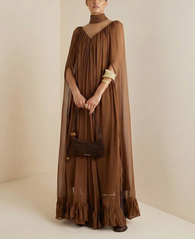 UOOZEE 2026 Nouvelle Robe de Soirée Formelle Élégante à Col Montant et Manches Cape pour Femme, Couleur Unie, Robe Longue de Cérémonie pour Invitée de Mariage, Demoiselle d'Honneur ou Fête