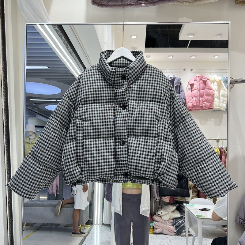 Nouvelle veste courte matelassée en coton à carreaux pour femme, version coréenne épaissie, col montant, style manteau duveteux