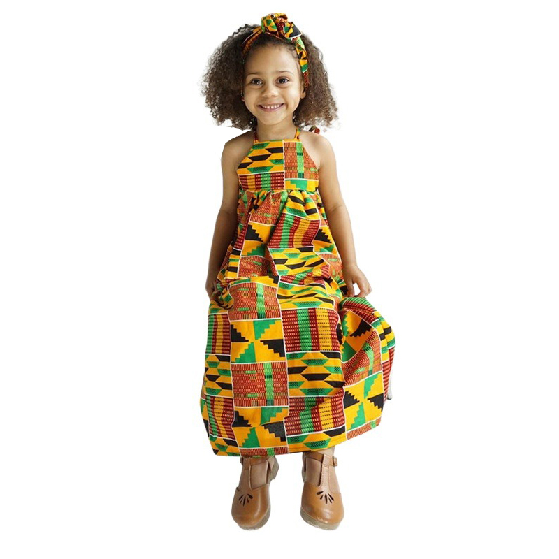 Robe africaine Kente imprimé Ankara pour enfants filles, été traditionnel Boho, col licou, épaules dénudées, sans manches, pour petit enfant en bas âge