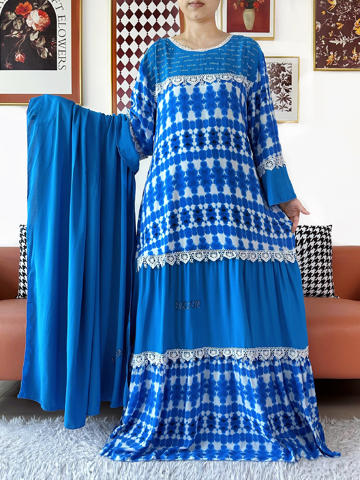 Abaya de fête pour femme de haute qualité, en coton à motif floral ondulé, style Boubou africain, Kaftan ample musulman, Robe longue avec grands châles