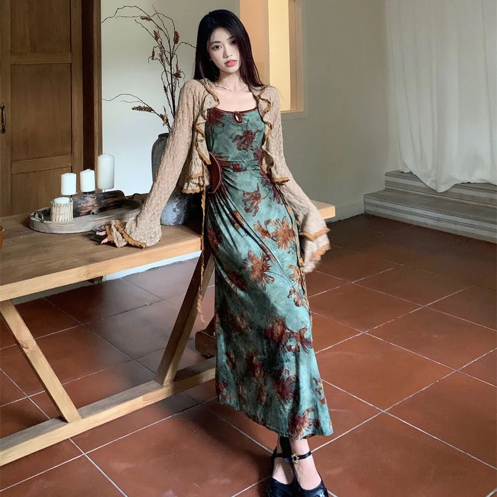 Ensemble deux pièces patchwork floral vintage pour femmes, robe maxi à volants, cardigan court, tenue à lacets, Vein Chic, doux