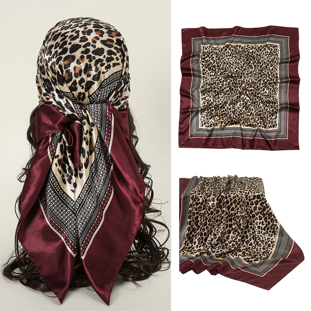 Foulard carré imprimé léopard pour femmes, 90x90cm, sensation de soie, écharpe en Satin, Hijabs rétro vin rouge, enveloppes pour cheveux, cadre coloré, Turban Floral