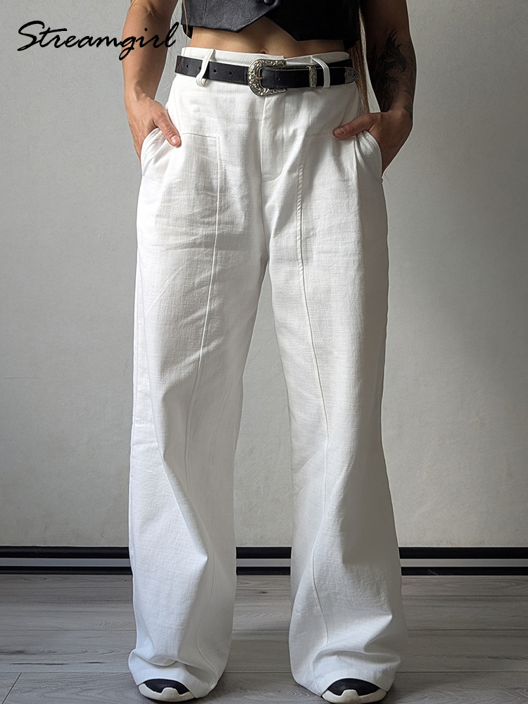 Pantalon blanc d'été pour femme en coton, taille haute, coupe large, élégant, pour le bureau