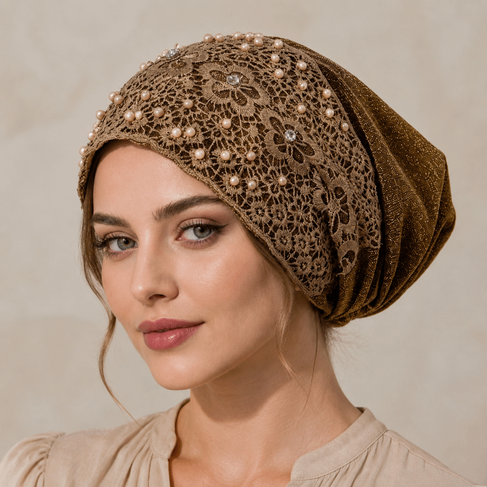Turban élégant brodé pour femme, bonnet en dentelle à motif floral, foulard musulman, chapeau islamique pour femme