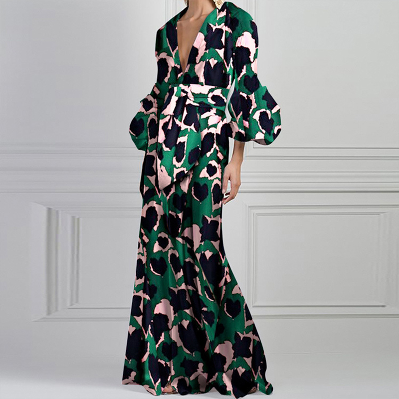 Robe longue de soirée élégante pour femmes, Sexy, décolleté en V profond, imprimé floral, Vintage, manches lanternes, plissée, style bohème, 2023