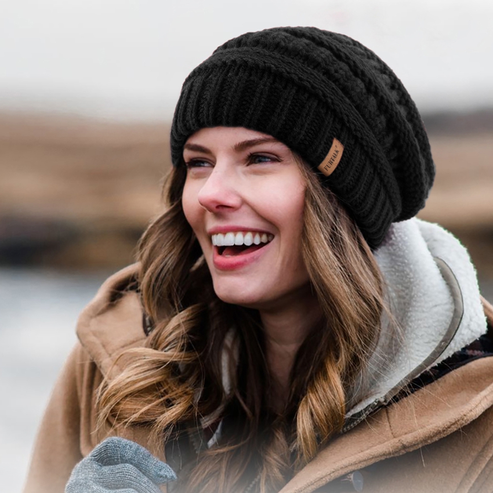 FURTALK hiver Satin doublé bonnet chapeau pour femmes câble tricot gros bonnets amples dame Double couche crâne casquette chaude mode